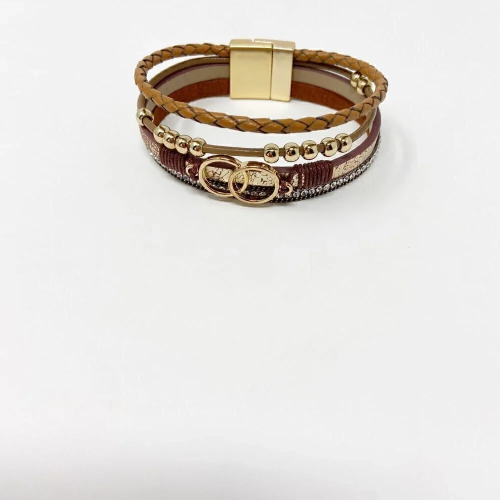 BTYSUN | Brown Leather Gold Tone Beaded Wrap Bracelet Magnetic Closure